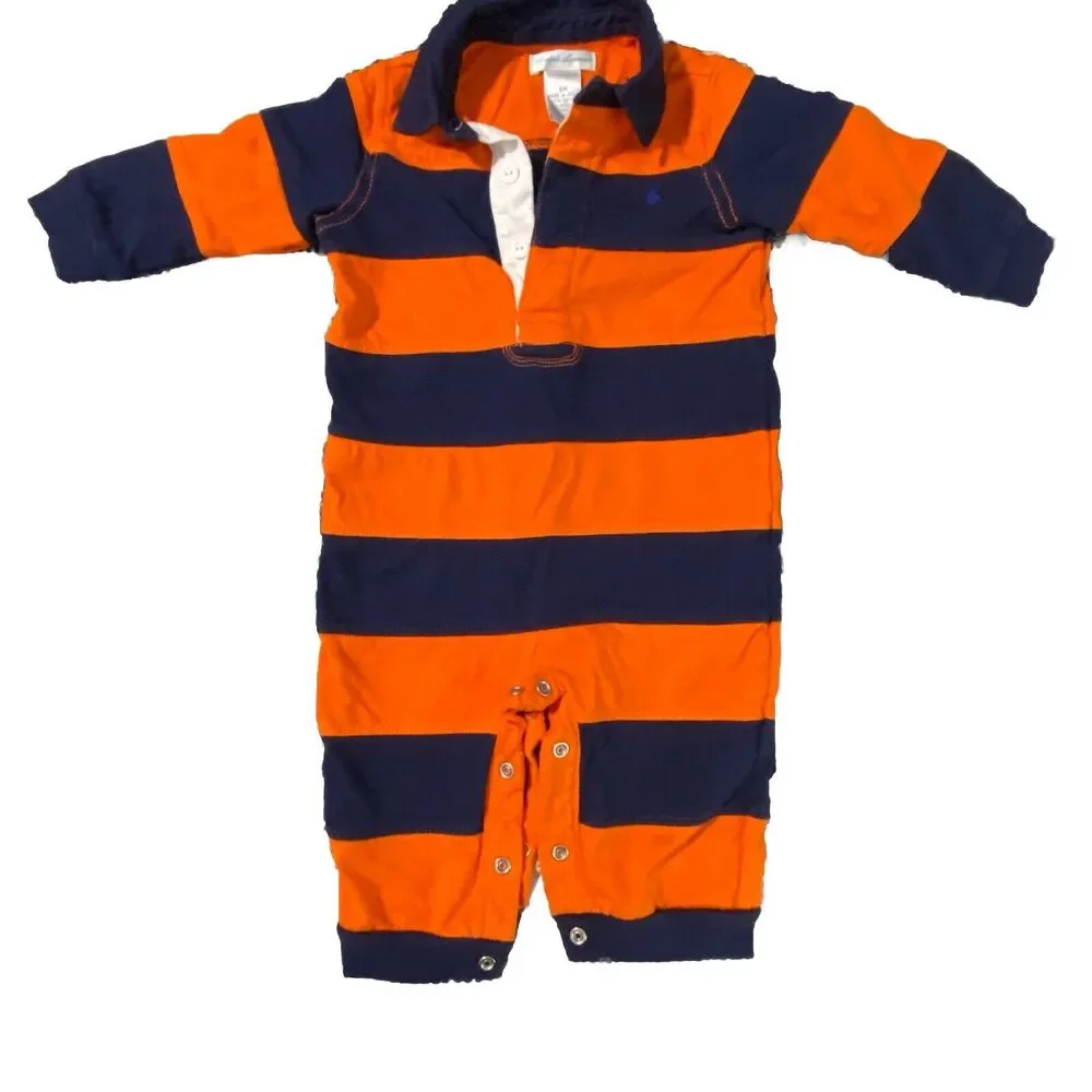 RALPH LAUREN Baby Boy 6 Months Orange Blue Striped Cotton Rugby Coverall Romper